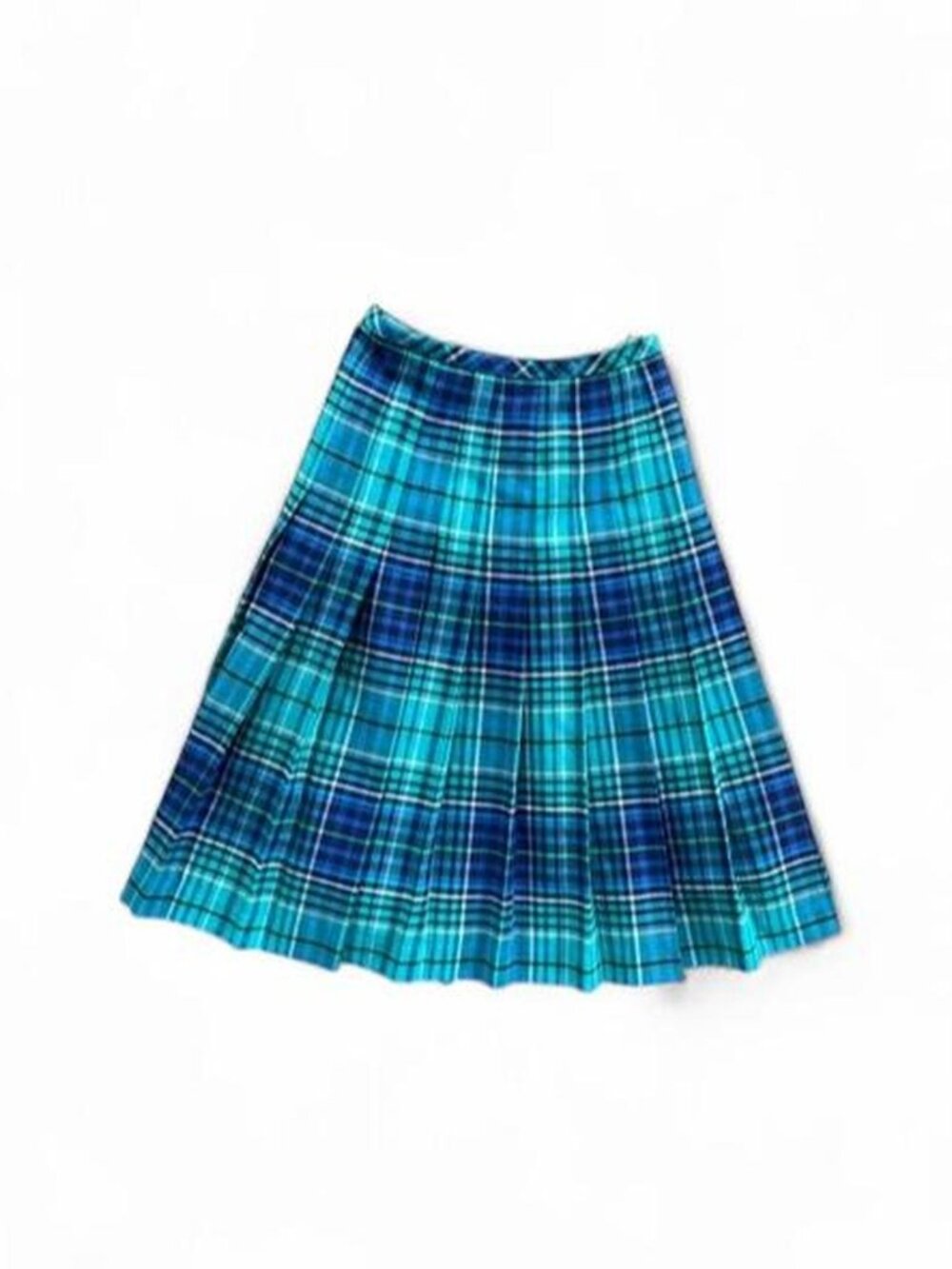 Vintage 90s Teal Blue Plaid Pleated Wool Blend Midi Skirt Size 4